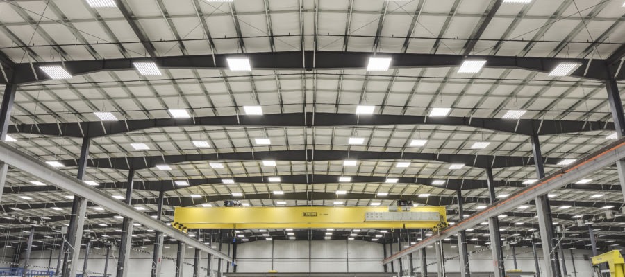 Steel industrial facility interior with overhead crane and clearspan Butler structural system.